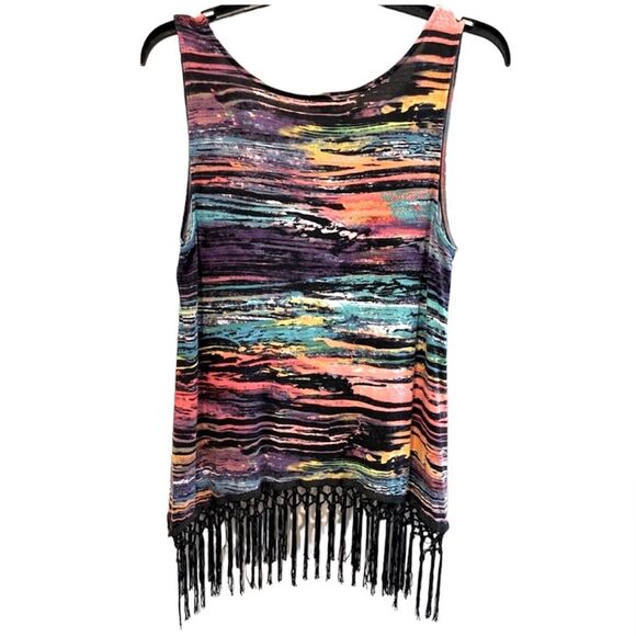 Cupio Abstract Sleeveless‎ Blouse V-Neck Fringe Detail Multi Colors Size Medium - Picture 2 of 7